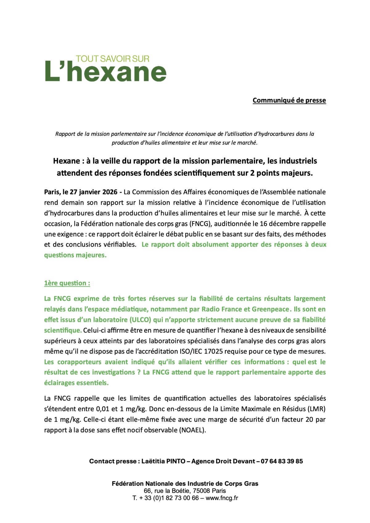 HEXANE – COMMUNIQUÉ DE PRESSE DU 27 JANVIER 2026